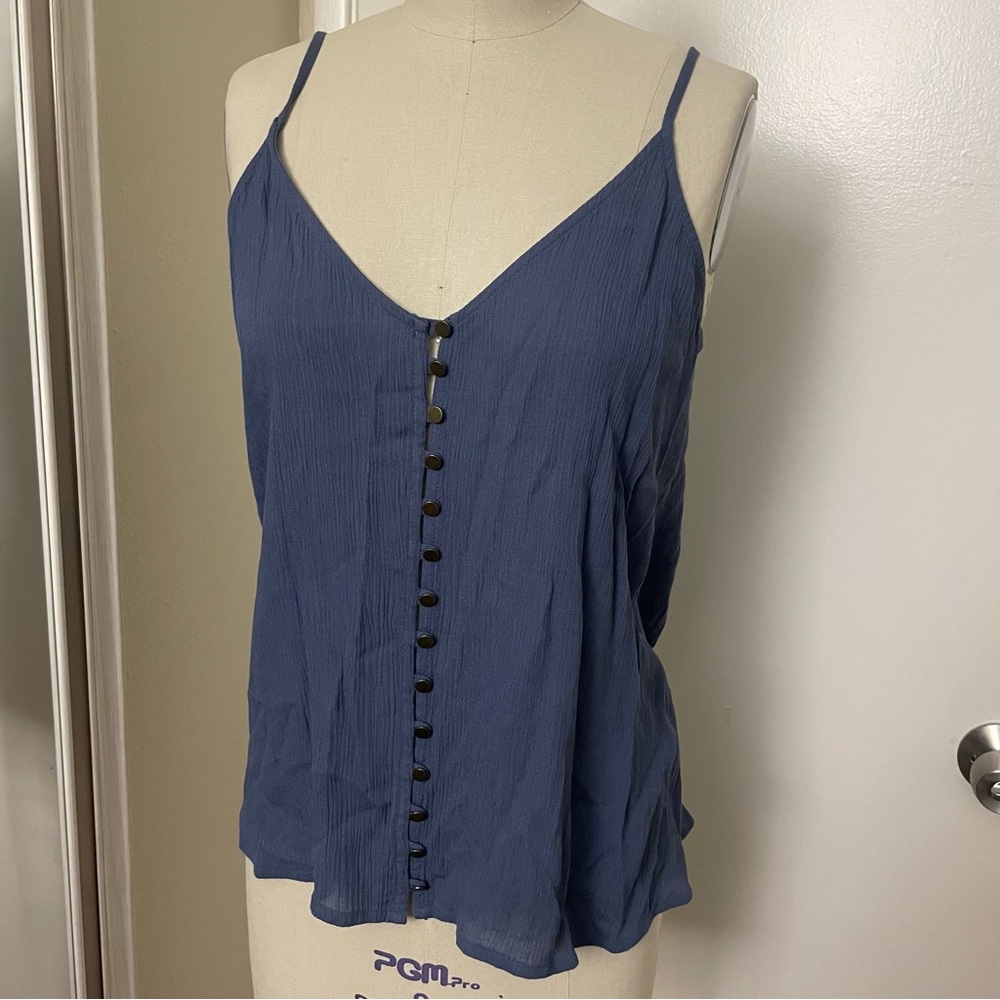 Blue with bronze / gold button up flowy tank top with adjustable straps